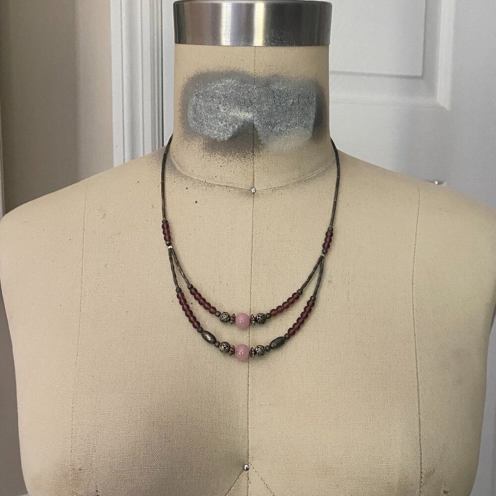 BAUBLEBAR Silver PINK Quartz Bead Double Strand Y2K Collar Necklace BOHO - Picture 2 of 4